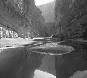 The Rio Grande and Santa Elena Canyon Black and white photograph of the Rio Grande running through the Elena Canyon